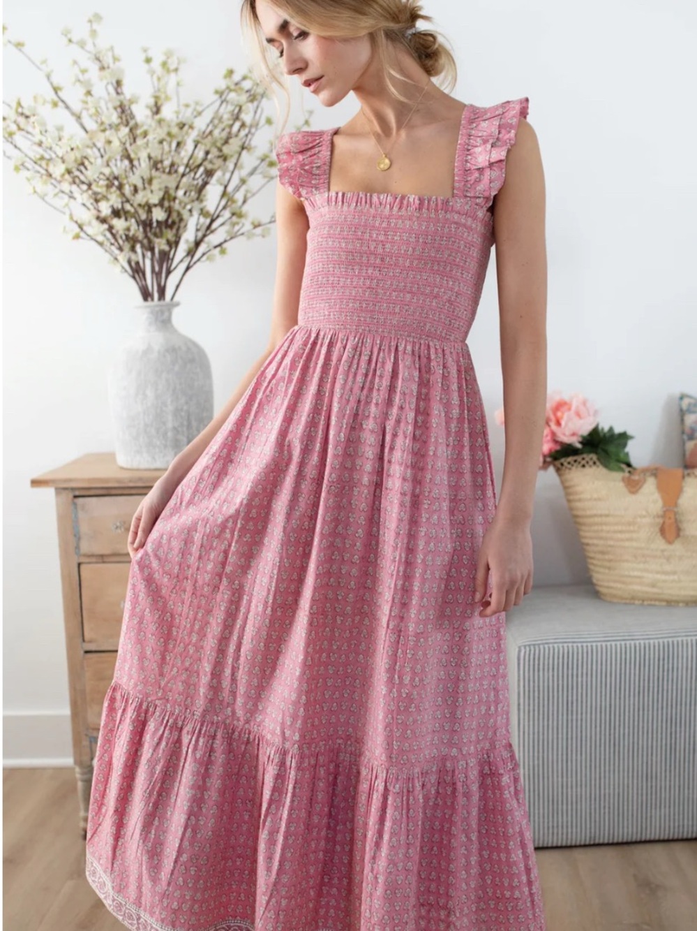 Marea Women's Pink Smocked Sasco Maxi Dress w/ Ruffle Straps in Lavender Thistle - Picture 2 of 11